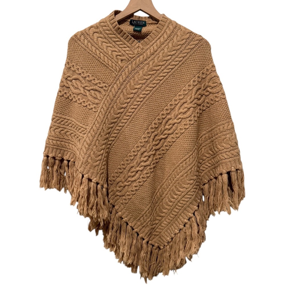 Lauren Ralph Lauren Cable Knit Lambswool Poncho Sweater Women O/S Brown Fringe